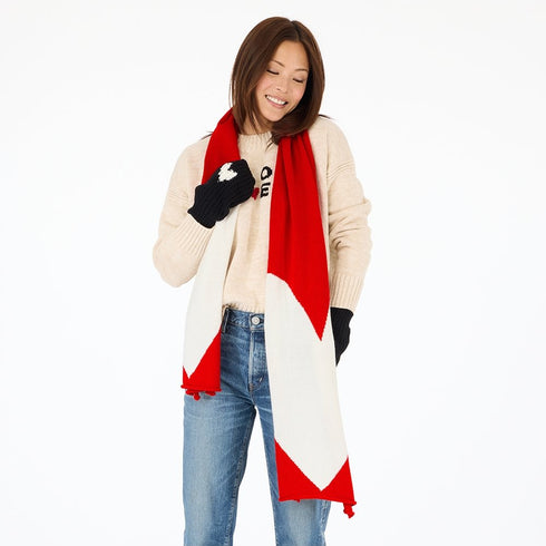 Imperfect heart cherri red-white scarf in a cotton-cashmere blend with intarsia heart details at the ends - Shop cute women’s scarves by Kerri Rosenthal