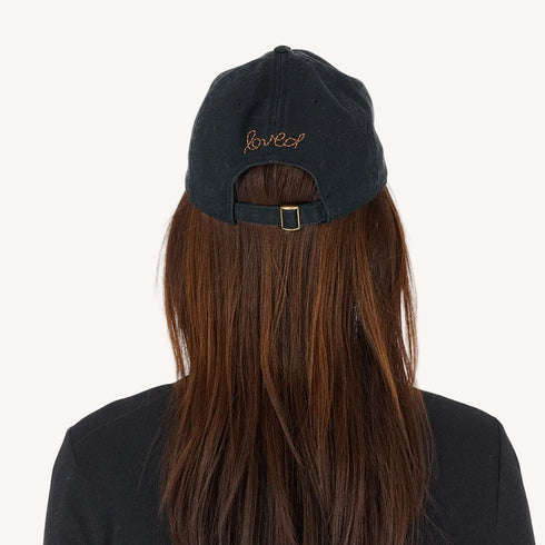 KR Imperfect heart black baseball cap hat with brown heart patch made from 100% cotton and adjustable strap - Shop Cute heart baseball caps by Kerri Rosenthal