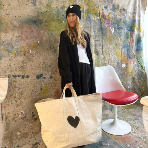 Mercer loved an open-front black duster in a cotton-cashmere blend with heart artwork and a self-tie belt - Shop cute women's long dusters by Kerri Rosenthal