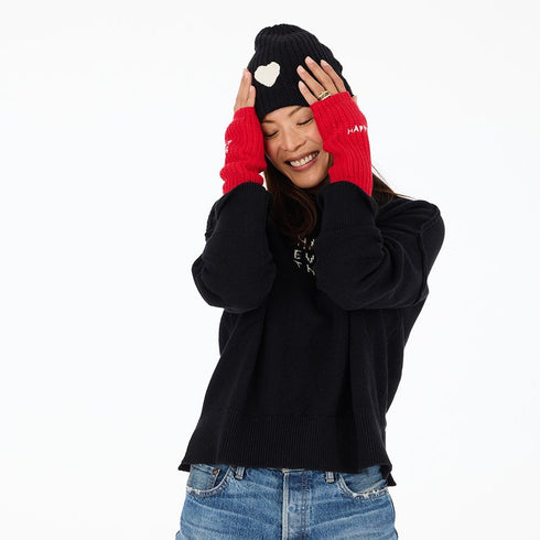 Happy everything red smittens fingerless gloves made from a soft cotton-cashmere blend - Shop cute women’s mittens and gloves by Kerri Rosenthal