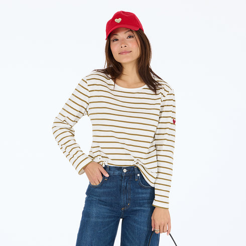 The KR white camel stripe long-sleeve tee in 100% cotton jersey with a heart embroidery patch - Shop cute women's tees by Kerri Rosenthal