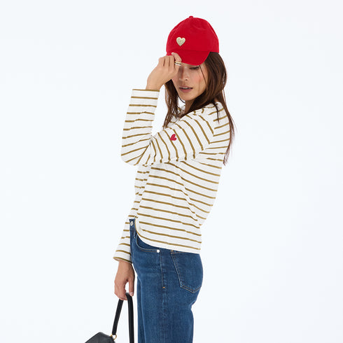 The KR white camel stripe long-sleeve tee in 100% cotton jersey with a heart embroidery patch - Shop cute women's tees by Kerri Rosenthal