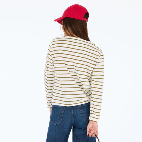 The KR white camel stripe long-sleeve tee in 100% cotton jersey with a heart embroidery patch - Shop cute women's tees by Kerri Rosenthal