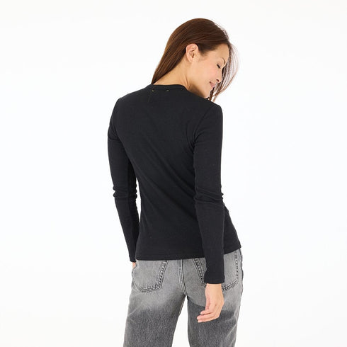 Black Kerri Rosenthal ribbed crewneck tee with imperfect heart detail.