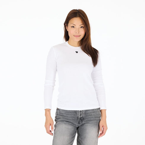 White long sleeve tee for women in 100% cotton jersey with contrast imperfect heart embroidery and classic crewneck by Kerri Rosenthal.