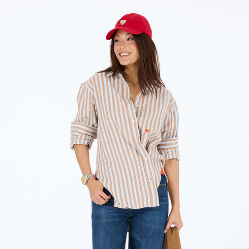Jack blue and brown striped cotton flannel button-up shirt with heart embroidery and long sleeves. Shop women's button-up shirts by Kerri Rosenthal