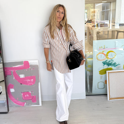 Jack blue and brown striped cotton flannel button-up shirt with heart embroidery and long sleeves. Shop women's button-up shirts by Kerri Rosenthal