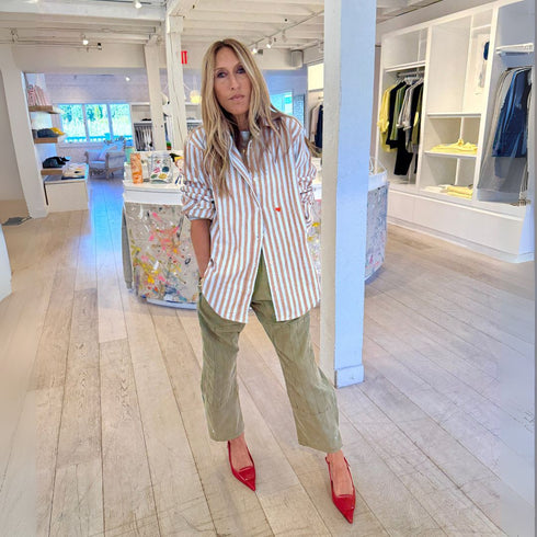 Jack blue and brown striped cotton flannel button-up shirt with heart embroidery and long sleeves. Shop women's button-up shirts by Kerri Rosenthal