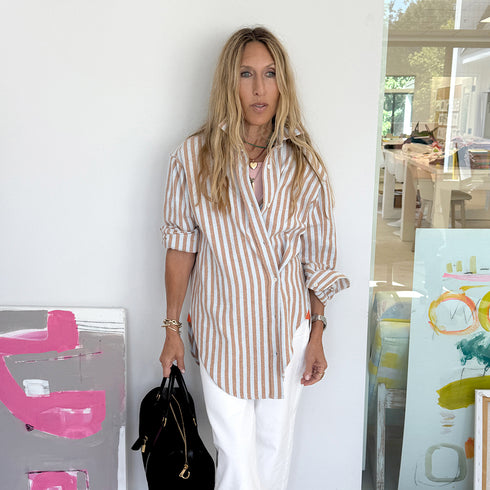 Jack blue and brown striped cotton flannel button-up shirt with heart embroidery and long sleeves. Shop women's button-up shirts by Kerri Rosenthal