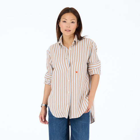 Jack blue and brown striped cotton flannel button-up shirt with heart embroidery and long sleeves. Shop women's button-up shirts by Kerri Rosenthal