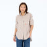Jack blue and brown striped cotton flannel button-up shirt with heart embroidery and long sleeves. Shop women's button-up shirts by Kerri Rosenthal