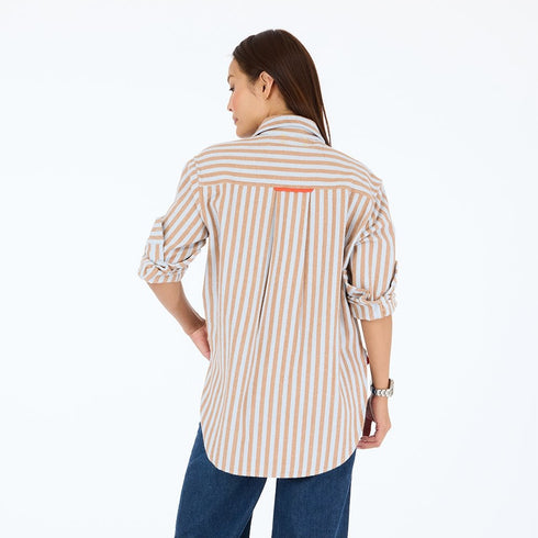 Jack blue and brown striped cotton flannel button-up shirt with heart embroidery and long sleeves. Shop women's button-up shirts by Kerri Rosenthal