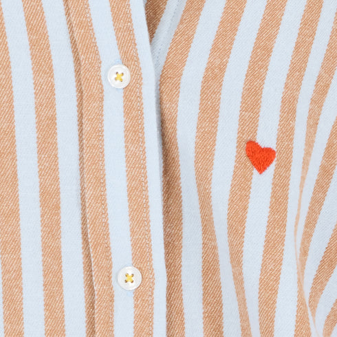 Jack blue and brown striped cotton flannel button-up shirt with heart embroidery and long sleeves. Shop women's button-up shirts by Kerri Rosenthal