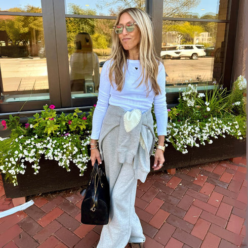 Cotton fleece grey sweatshirt with Loved graphic and contrast heart elbow patches and wide-leg sweatpants - Shop cute women's sweatshirts by Kerri Rosenthal