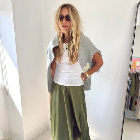 Cotton fleece grey sweatshirt with Loved graphic, heart elbow patches and Ali contrast green maxi skirt. Cute women's sweatshirts and skirts by Kerri Rosenthal