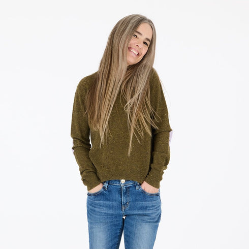 Soft and timeless lightweight cashmere army green pullover sweater with hand stitched heart elbow patches. Cute sweaters