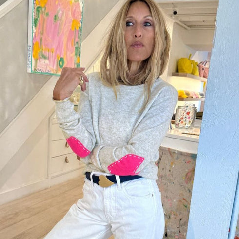 Patchwork grey pullover sweater in cotton cashmere blend with long sleeves and heart patches on the elbows - Shop women's pullover sweaters by Kerri Rosenthal