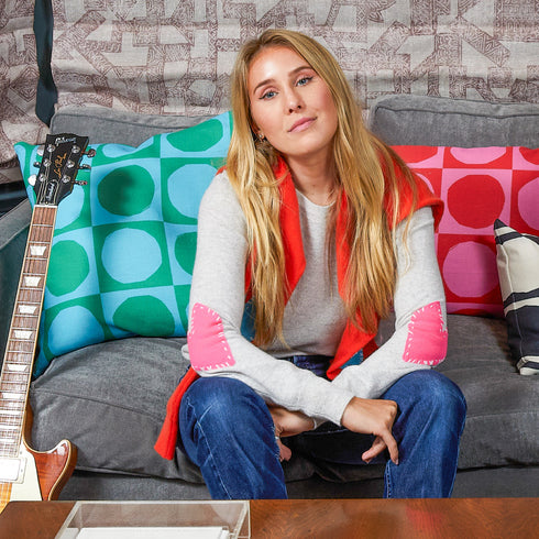 Patchwork grey pullover sweater in cotton cashmere blend with long sleeves and heart patches on the elbows - Shop women's pullover sweaters by Kerri Rosenthal