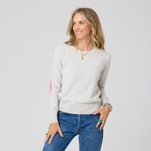 Patchwork grey pullover sweater in cotton cashmere blend with long sleeves and heart patches on the elbows - Shop women's pullover sweaters by Kerri Rosenthal