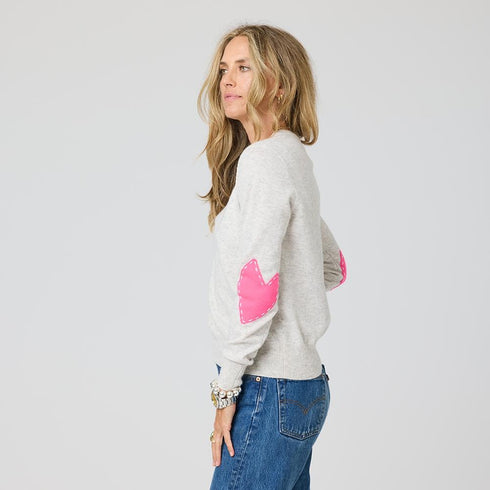 Patchwork grey pullover sweater in cotton cashmere blend with long sleeves and heart patches on the elbows - Shop women's pullover sweaters by Kerri Rosenthal