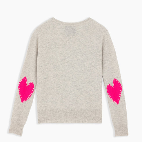 Patchwork grey pullover sweater in cotton cashmere blend with long sleeves and heart patches on the elbows - Shop women's pullover sweaters by Kerri Rosenthal