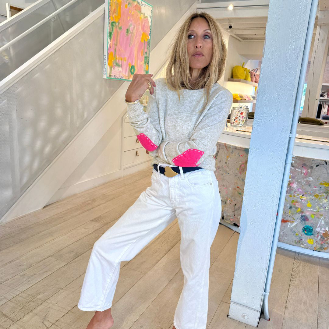 KR Heart Elbow Patches Light Grey Cashmere Sweater – KERRI ROSENTHAL