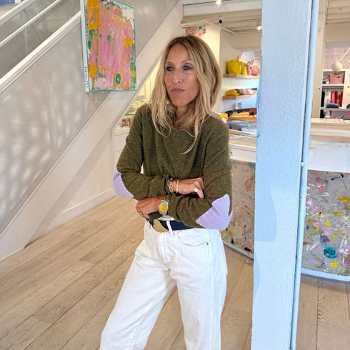 Womens army green lightweight cashmere pullover sweater with Imperfect heart elbow patchwork and crewneck - Cute sweaters by Kerri Rosenthal