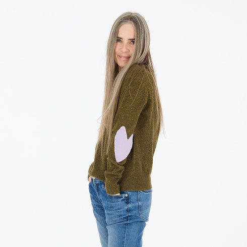 Womens army green lightweight cashmere pullover sweater with Imperfect Heart patchwork elbows classic crewneck