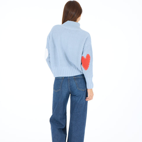 Marlow imperfect heart sweater in steel blue 100% cotton with a soft mock-neck and heart patchwork elbow - Shop cute women’s sweater by Kerri Rosenthal