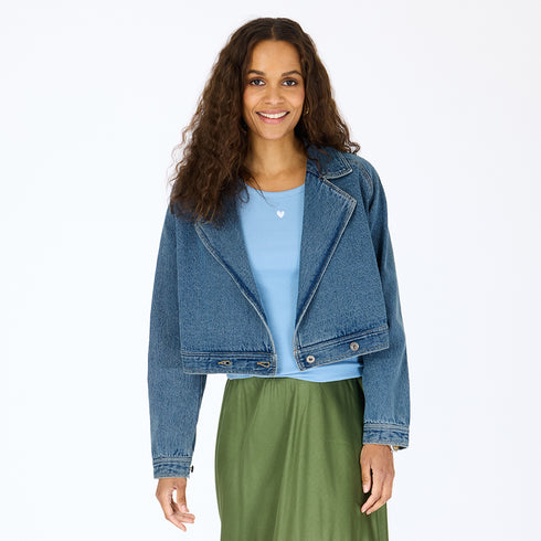 Blue sum denim jacket with heart elbow patches - Cute women's jackets by Kerri Rosenthal