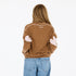 Featherweight brown cashmere knit with embroidered love script and contrast whipstitching