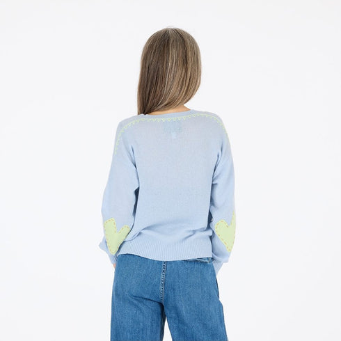 Blue cashmere knit for women with heart elbow patches and whipstitched back seam