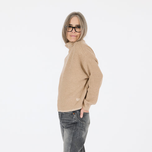 Marlow cashmere camel sweater with mock neck and heart embroidery - Cute women's pullover cashmere sweaters by Kerri Rosenthal