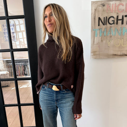 Marlow cocoa brown cashmere sweater with mock neck and heart embroidery - Shop women's pullover cashmere sweaters by Kerri Rosenthal