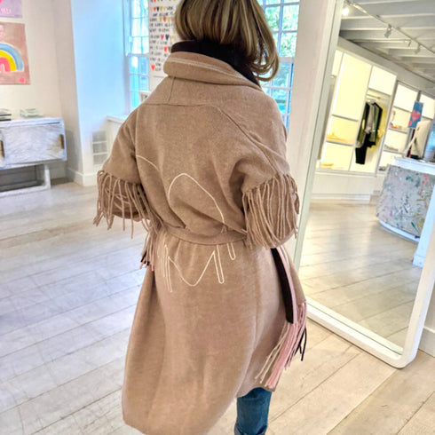 Cali fringe camel open-front long cardigan coat in 100% cashmere with drippy heart stitching - Cute women's long cardigan coats by Kerri Rosenthal