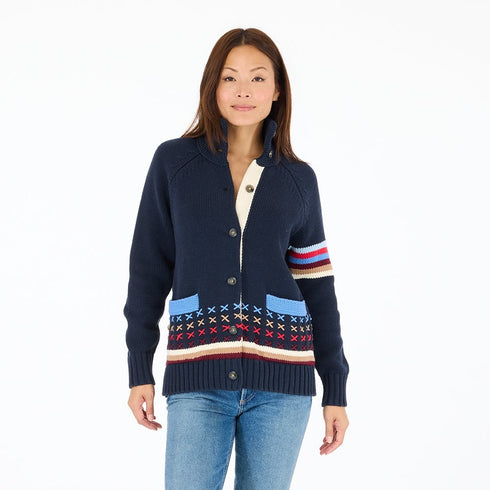 Cotton button-front indigo blue cardigan with multicolor embroidery color block heart intarsia contrast placket mock neck and ribbed trim