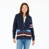 Cotton button-front indigo blue cardigan with multicolor embroidery color block heart intarsia contrast placket mock neck and ribbed trim