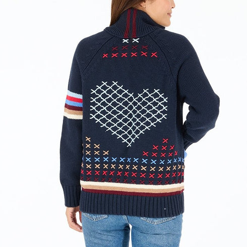 Womens cotton indigo blue cardigan featuring ribbed trim, mock neck, and vibrant heart intarsia design - Cute cardigans by Kerri Rosenthal