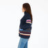 Cotton button indigo blue cardigan with multicolor embroidery color block heart intarsia and contrast placket
