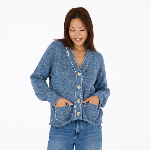 Womens blue cardigan with smiley face on back front pockets and contrast stitching