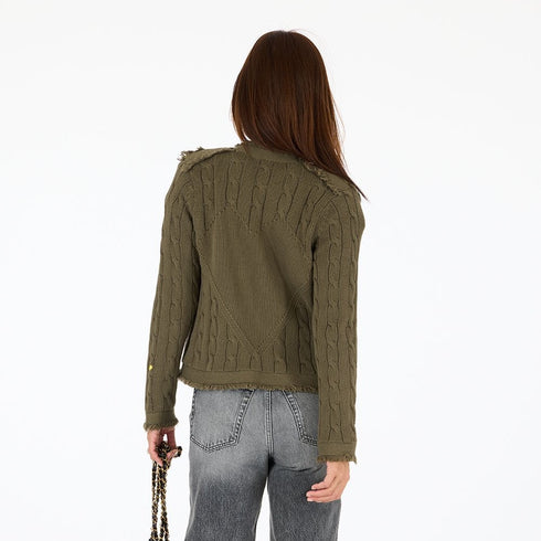 Army green cotton cardigan sweater with fringe trim tonal imperfect heart artwork cable knit body and button front closures