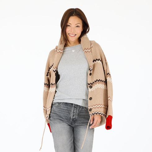 Shawl-collar Ker-Isle multicolor button front cardigan in 100% cotton with a drawcord waist - Shop cute women's cardigans by Kerri Rosenthal