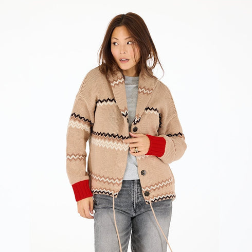 Shawl-collar Ker-Isle multicolor button front cardigan in 100% cotton with a drawcord waist - Shop cute women's cardigans by Kerri Rosenthal