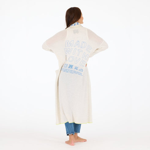 Super duper open-front off-white duster in 100% cashmere with 'Made With Love' artwork - Shop women's long dusters by Kerri Rosenthal
