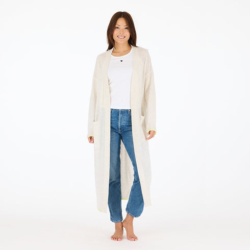 Super duper open-front off-white duster in 100% cashmere with 'Made With Love' artwork - Shop women's long dusters by Kerri Rosenthal