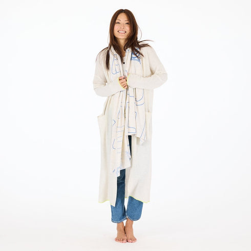 Super duper open-front off-white duster in 100% cashmere with 'Made With Love' artwork - Shop women's long dusters by Kerri Rosenthal