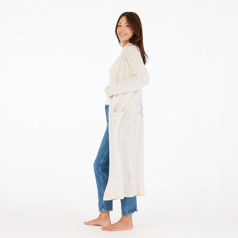 Super duper open-front off-white duster in 100% cashmere with 'Made With Love' artwork - Shop women's long dusters by Kerri Rosenthal