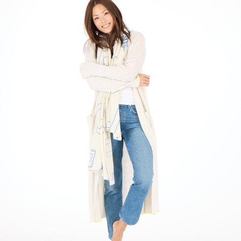 Super duper open-front off-white duster in 100% cashmere with 'Made With Love' artwork - Shop women's long dusters by Kerri Rosenthal