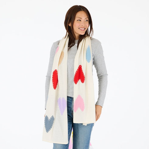 Zero waste natural scarf made from 100% featherweight cashmere with multicolor imperfect heart patches - Cute women's scarves by Kerri Rosenthal