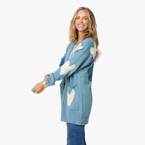 Poppy zero-waste blue long button-front cardigan in a cotton-cashmere blend with elbow heart patches - Shop women's long cardigans by Kerri Rosenthal